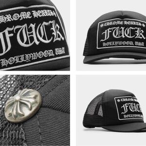 Chrome Hearts Black Hat with White Embroidered Patch and Silver Concho